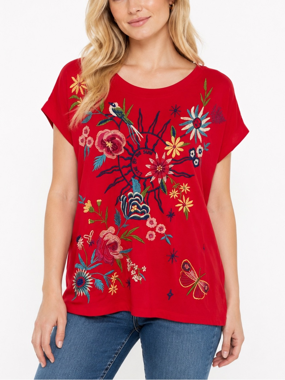 Johnny Was Arla Relaxed Shirt Red Embroidered Floral Graphic Top Casual Boho XL